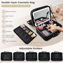 Makeup Bag With LED Lighted Mirror 12.2 IN Travel Double Layer Makeup Case Adjustable Brightness In 3 Colors Cosmetic Organizer Artist Storage With Dividers Brush Holder Vanity Black Checkerboard - BlackCheckerboard - Xem 7