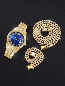 Hip Hop Chain Set, Unisex Fashion Watch, Necklace And Bracelet Set, Holiday Gift For Father - 金色 - 查看 3