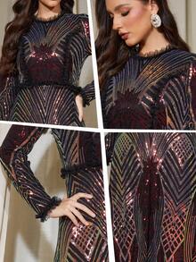 Robe longue élégante pour femmes à col rond, manches longues, sequins, coupe évasée jusqu'aux chevilles avec contrôle du ventre - Noir - Voir 3