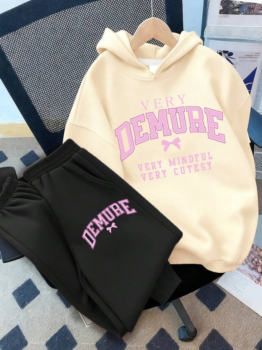 2PCS Girls Sweet - Cool Letter Hoodie Set, Soft Skin - Friendly, School Daily All - Season Wear - Apricot - View 1