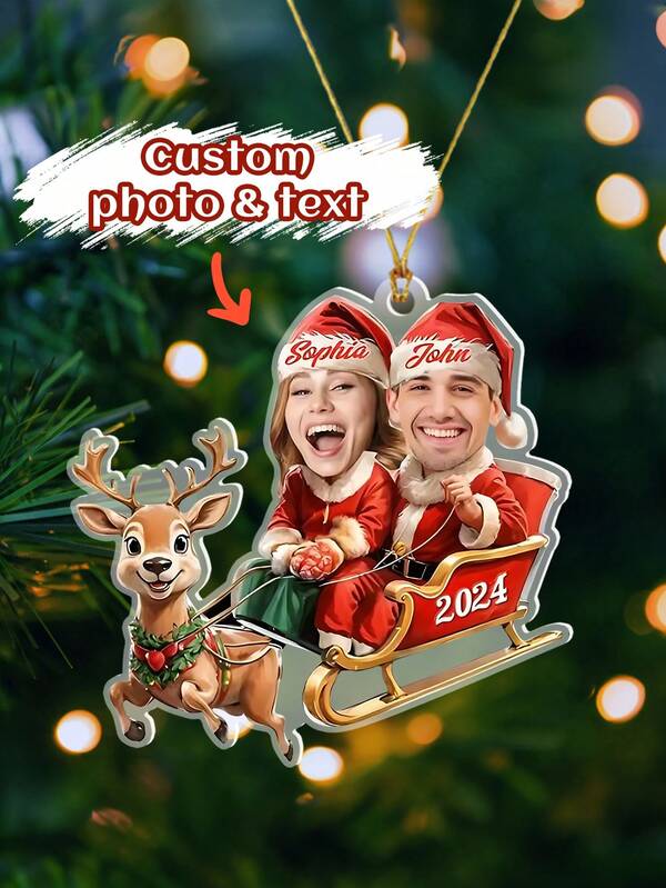 1 pieza Adorno de Navidad de acrílico personalizado con foto - Trineo de Papá Noel y renos con nombres de pareja, regalo festivo de Navidad, decoración navideña divertida y conmovedora, decoración colgante para el árbol de Navidad, adecuado para fiesta de Navidad, decoración del hogar, diseño de decoración navideña, regalos divertidos para parejas, regalos para nuevas parejas