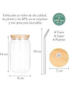 SELECTSHOP Set De 4 Vaso Tipo Lata De Vidrio Con Tapas Popotes De Vidrio Y Cepillo De Limpieza Vasos para Cerveza Taza de Café Helado Vasos de Cóctel Adecuados para Agua Jugo Sodaé Regalo (Set De 4) - Juego de 6 piezas - Ver 6