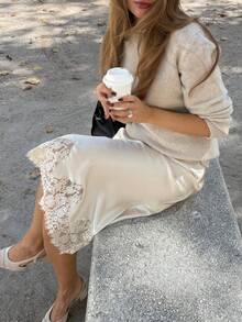 Lace Satin Maxi Skirts For Women Casual Elegant Fall A Line Elastic Waist High Rise Silk Midi Skirt With Lace Patchwork Y2k Aesthetic Going Out Skirt Party Club Streetwear - Rượu sâm banh - Xem 3