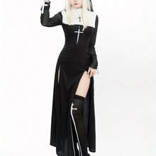 Sexy Nun Costume For Adults - Elegant High Neck Dress With Cross Pendant, Black & White Contrast, Long Sleeves, And Thigh-High Slit - Perfect For Halloween, Masquerade Parties, And Role-Playing Performances, Halloween Costume | Contrast Color Design | Nonstretch Fabric - 黑色 - 查看 5