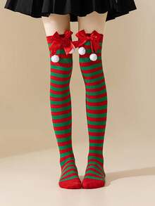 Meias versáteis com laço decorativo, meias listradas acima do joelho para mulheres, ideais para o Dia dos Namorados e feriados europeus e americanos.