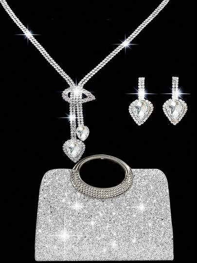 这款水钻首饰套装包含项链、耳环和手链，搭配奢华闪亮水晶手拿包，适合派对、浪漫婚礼、春夏链条单肩包、新娘包、正式舞会手拿包以及优雅晚礼服。是派对、婚礼、舞会和盛大晚宴的完美之选。