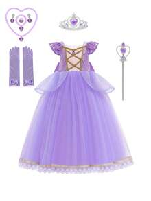 紫色优雅网纱亮片短袖连衣裙，配有皇冠、魔法棒、项链、手链、耳环、戒指、手套等配饰套装，适合外出、派对、生日、演出及其他活动。 - 淡紫色 - 查看 3