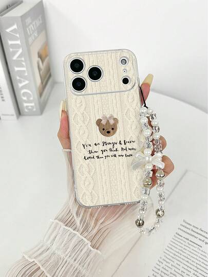1pc Perforated High Transparency Sweater Knit Butterfly & Bear Painted Thick Anti-Drop Painted Phone Case Protective Cover With Handmade Beaded Bracelet Accessory, Compatible With IPhone, Galaxy, Redmi