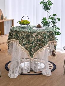 1pc Green Floral Jacquard Tablecloth, American Vintage Farmhouse Style With Tassels, Suitable For Kitchen, Dining Table, Coffee Table, TV Stand, Entryway, Perfect For Daily Use, Holidays, Family Gatherings, Birthday Parties, Weddings, All Seasons - Green - View 3