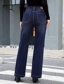Flare Jeans For Women Thin Fleece Lined High Waisted Wide Leg  Fall Stretchy Denim Pants Trouser Jeanshalloween - 靛藍天藍色 - 查看 10