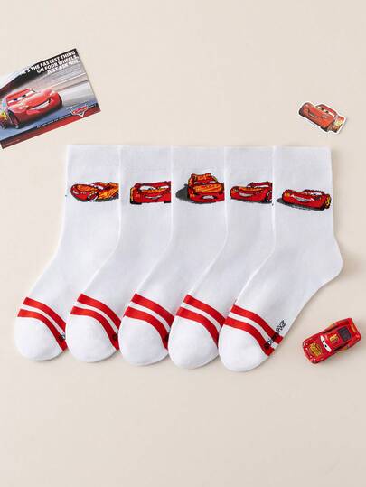 Disney 5双装迪士尼汽车总动员提花图案男士船袜，黑白条纹，可爱卡通图案，防臭吸湿，休闲运动圆领卡通设计，适合学生/成人作为礼物和日常穿着