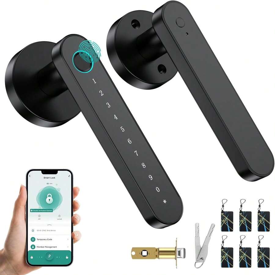 Cerradura Inteligente Electronica, [0.3s Desbloquear], 5 en 1 Huella Digital/Tarjeta IC/Contraseña/APP/Llave Mecánica Chapa Inteligente, Código de Privacidad, para Hogar, Hotel, Oficina - 1 - Ver 1