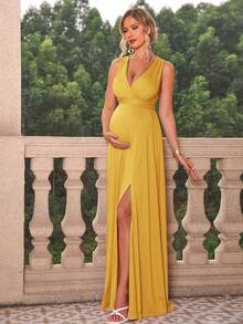 Joyfunear Váy bầu trơn cổ chữ V xẻ tà phía trước không tay, mùa hè - Màu vàng - Xem 6