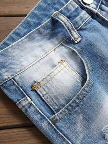 Men's Blue Straight Slim Fit Vintage Distressed Ripped Jeans - 淺色水洗藍 - 查看 4