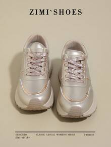 1 Pair Women's Round Toe Thick Sole Casual Sneakers, Gold/Silver Gump Style Lace-Up Outdoor Shoes, Suitable For Running, Hiking, All Seasons - Gold - View 2