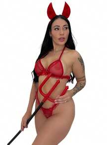 Devil Costume With Horns, Thong, Sexy Lace Lingerie, Sequined Sensual Set - Đỏ - Xem 8