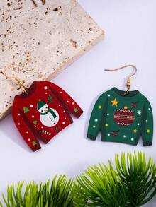 1 对节日圣诞系列可爱卡通雪人与樱桃印花耳环，欢乐的节日气氛