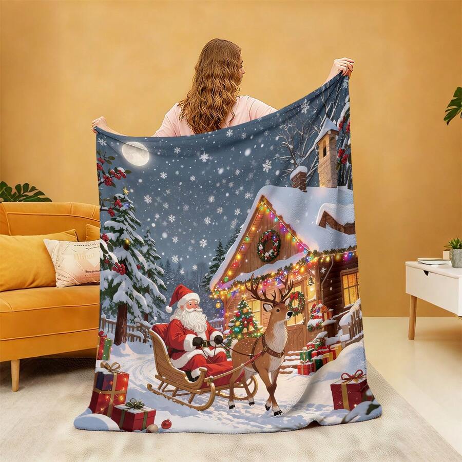 1pc Christmas Santa Claus, Snowman, Reindeer Gift Box Fleece Blanket, Super Soft Flannel Suitable For Bedroom, Living Room, Sofa And Office, Great For Travel And Gifting, Christmas