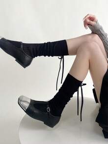 1 Đôi tất dài phong cách Nhật Bản họa tiết nơ màu trơn, dễ thương và ngọt ngào, tất bó họa tiết sọc cho mùa thu/đông, ấm áp - màu đen - Xem 5