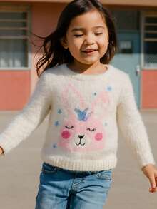 Suéter para niña de manga larga, tejido suave y cálido con adorable diseño de conejo y detalles coloridos. Perfecto para días frescos, fácil de combinar con jeans o faldas. Aporta estilo y comodidad en cualquier ocasión. ¡El favorito de las niñas! - Hueso - Ver 2
