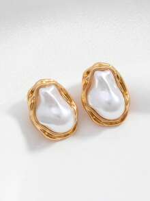 1 par de pendientes de perlas falsas con forma geométrica de moda para mujeres