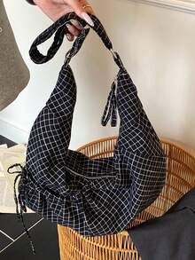 日式格子单肩包，时尚褶皱蝴蝶结拉链斜挎包，学生/大学生轻便可折叠布包，适合购物、日常通勤，新月包 - 彩色 - 查看 16