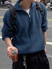 秋冬新款针织休闲宽松套头毛衣，简约风格，罗纹针织，翻领，拉链，落肩设计，男女皆宜