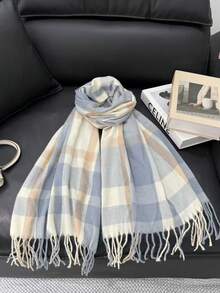 女士格子围巾，带流苏，秋冬季百搭披肩 - 日系格子藍 - 查看 5
