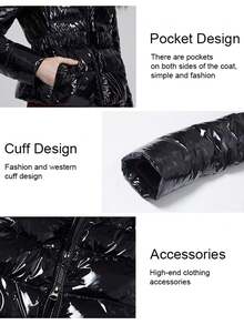 ZIAI 女士休闲纯色亮面冬季外套，新款时尚系带修身加厚外套，女士短款羽绒服，带人造毛领，时尚假日之选 - 黑色 - 查看 10