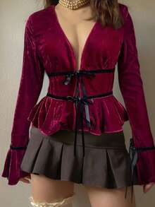 Women's Elegant Romantic Velvet Solid Color Bowknot Ruffle Sleeve Blouse Shirt, Suitable For Christmas & New Year - Burgundy - View 4