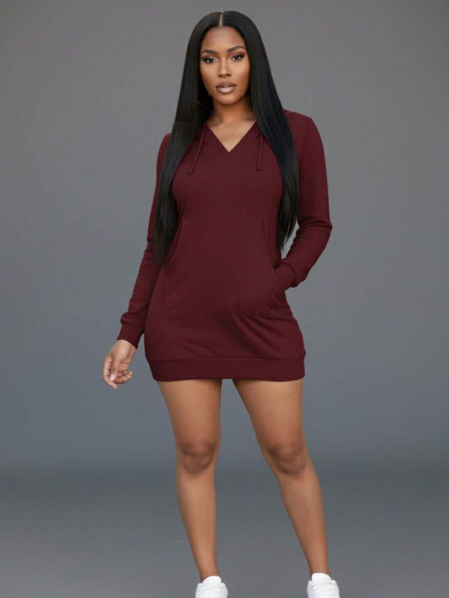 Casual Women's Hooded Dress With Pocket - Drawstring, Long Sleeve, Solid Color, Machine Washable - 酒紅色 - 查看 1