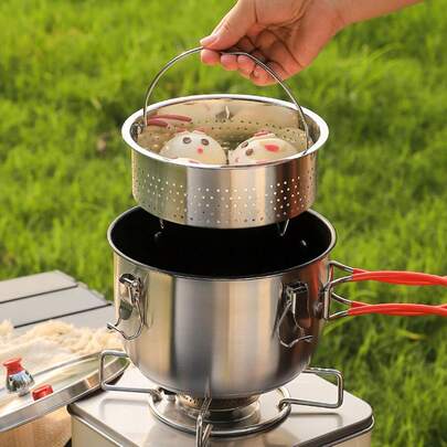 4 件 304 不锈钢露营锅，包括锅体 X1+锅盖 X1+蒸笼 X1+包 X1，配有可折叠手柄和保温盖 - 轻巧耐用的炊具，适合徒步旅行、野餐和户外探险，露营必需品 | 时尚不锈钢设计 | 耐用结构，露营装备