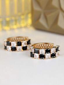 1 Pair Of Fashionable Black And White Checkered Round Earrings, Suitable For Teenagers, Daily Charming Jewelry Gifts - Nhiều màu - Xem 4
