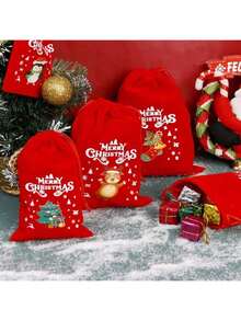 10 个大型圣诞装饰礼品袋套装，10 个圣诞主题图案礼品袋，圣诞节和万圣节天鹅绒抽绳礼品袋（图案随机） - 彩色 - 查看 6