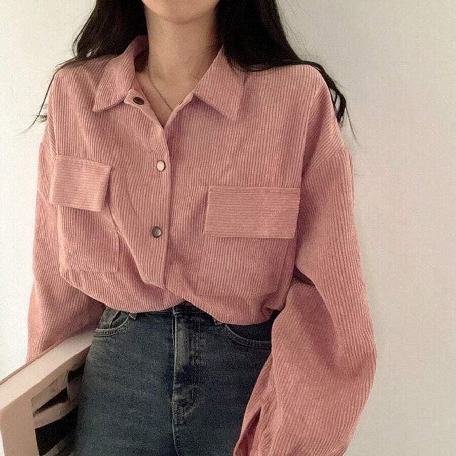 Jaket Pendek Lengan Lentera Kerah Lipat Saku Dada Bahan Korduroi Warna Pink Polos, Cocok untuk Acara Santai dan Pertemuan Natal di Musim Dingin - Berwarna merah muda - View 1
