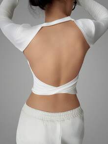 Women's Solid Color Casual Fashionable Versatile Sexy Elegant Hollow Out Twist Back Backless Long Sleeve T-Shirt, Suitable For Back To School Season, Street, Daily Commute, Vacation, Party, Date, Valentine's Day, Christmas