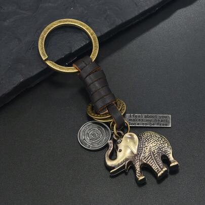 European And American New  Creative Keychain For Men And Women Small Gift Alloy Bronze Elephant Vintage Woven Leather Pendant