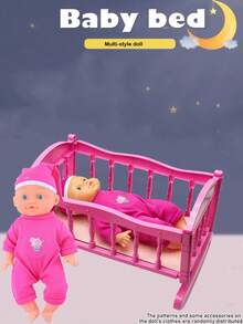26厘米逼真娃娃，会小便、喝水、发出4种声音，配有奶瓶和安抚奶嘴，粉色小床，连衣裙图案随机发送，是送给女孩的过家家礼物。