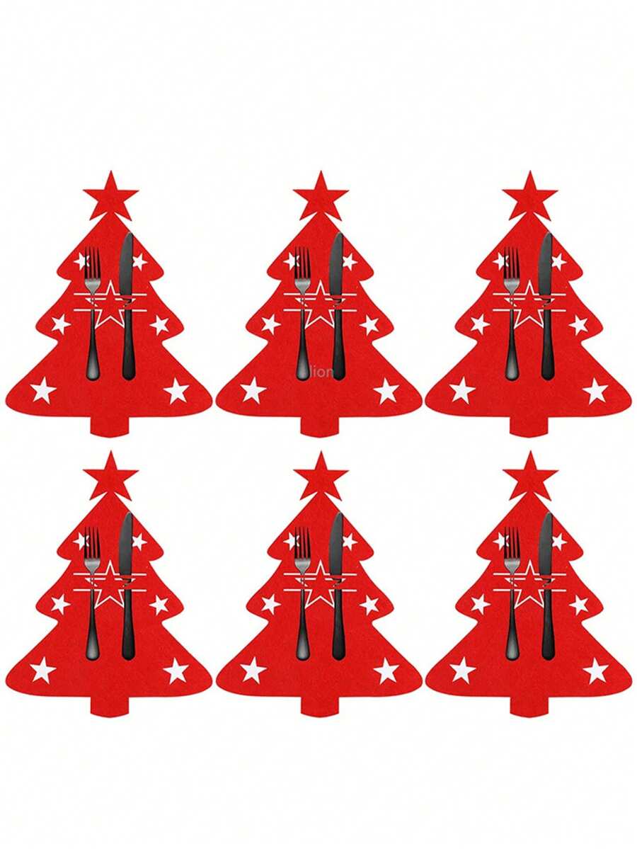 6 piezas/12 piezas Portacubiertos de árbol de Navidad, Bolsillos de fieltro para cubiertos Decoración de mesa navideña Decoraciones para fiestas de Navidad - Rojo - Ver 1