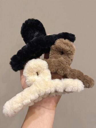 3pcs Plush Cute Large Black/White/Brown Hair Claw Clips, Fashionable And Versatile, Suitable For Winter Outfit Matching Hair Clip Winter Hair Accessories