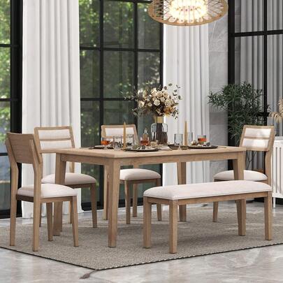 6 Pieces Dining Table Set With 60" Rectangle Kitchen Desk,Wooden Living Room Furniture W/ 4 Upholstered Chairs & 1 Bench,For Restaurant,Home Bistro,Natural Wood Wash,23691941