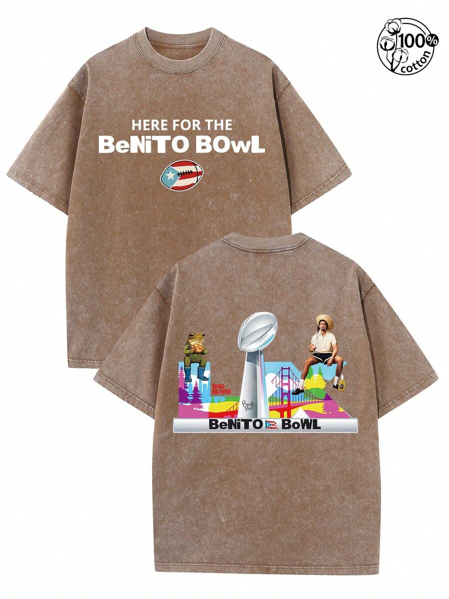 BadBunny Fans Need This Shirt For 2026 Benito Bowl,Retro Washed T-Shirt Double Sided Printed ,Here For The Benito Bowl Men And Women T-Shirt,Boutique 230g Washed Batik Retro Thick Cotton T-Shirt, Couple Fashion Casual Exquisite Cotton T-Shirt - 咖啡棕 - 查看 1