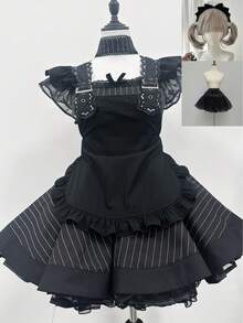 Vintage Black And White Striped Lolita Maid Costume Subculture Japanese Cute Apron Set Cosplay Dress - Bộ vest sọc đen + váy lót vải tuyn đen - Xem 11
