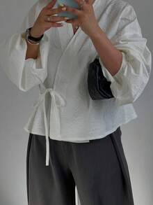 Women's Casual Long Sleeve Tie Front Blouse, Spring/Summer - White - View 4