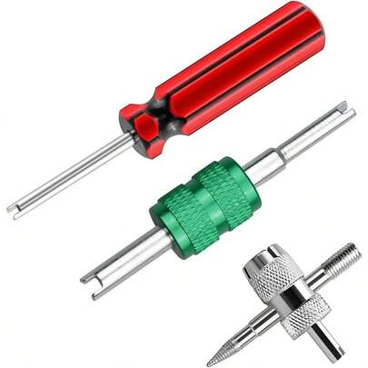 3PCS Car Tire Stem Tools, Single Dual Vehicle AC Core Remover, 4 Way Auto Conditioning Line Repair Tyre Wrench, Universal RV Truck Green