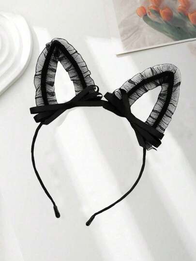 1 pieza Nuevo diadema con orejas de gato con lazo y encaje, estilo coreano con clip para el cabello en forma de orejas de conejo con campana hueca de malla, adecuado para cosplay y disfraces de Halloween