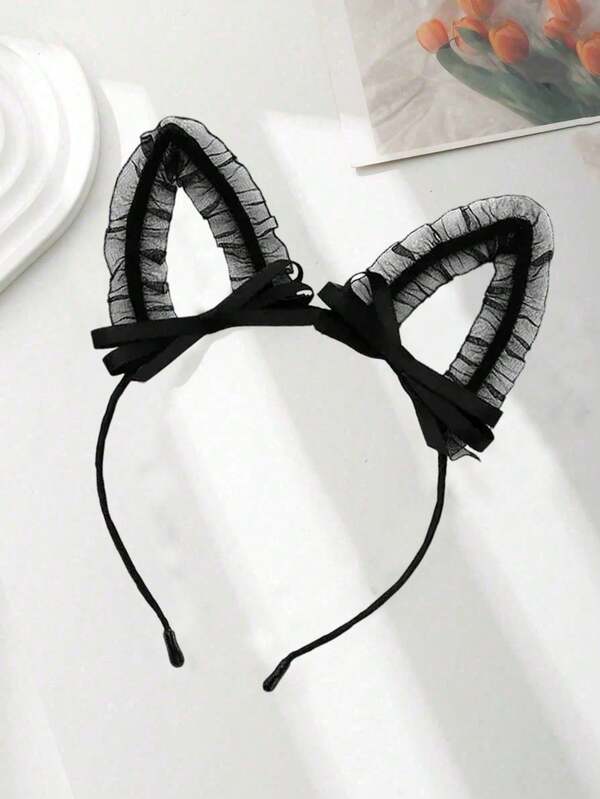 1pc New Lace Trim Bowknot Cat Ear Headband, Korean Style Mesh Hollow Bell Rabbit Ear Hair Clip, Suitable For Cosplay Halloween Costume