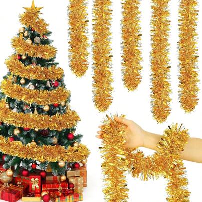 1/3pcs Golden Christmas Tinsel Garland, Metallic Twist Shiny Hanging Garland Ornaments For Xmas Tree Party Supplies Thick Thin Metallic Streamers For Indoor Outdoor Decor