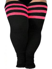 Plus Size Thigh High Socks- Long Womens Knitted Over Knee High Leg Warmer - 黑色-粉紅色條紋 - 查看 9