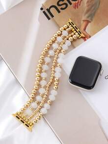 串珠手链，兼容 表带 41 毫米 40 毫米 38 毫米 42 毫米 44 毫米 45 毫米 49 毫米，金色串珠，可爱手工弹力表带，适用于 SE 9 8 7 6 5 4 3 2 1 系列，情侣礼物，金手链套装 - 金色/白色 - 查看 5